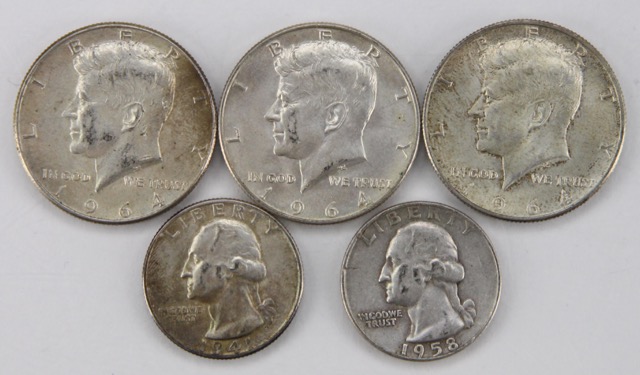 Circulated 1960s Era Kennedy Half Dollars with 1958 and 1941 Washington Quarters