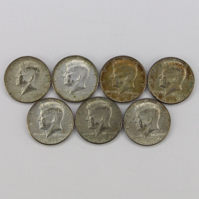 Seven Circulated 40% Silver Kennedy Half Dollars, Circa 1960s