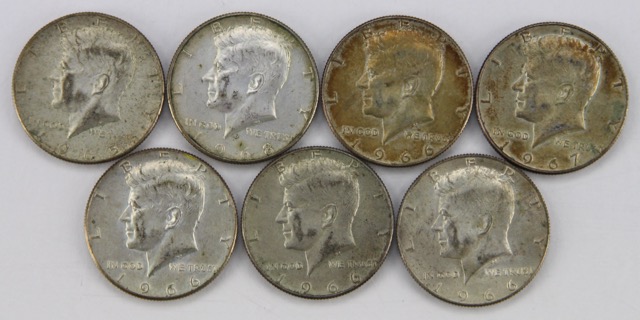 Seven Circulated 40% Silver Kennedy Half Dollars, Circa 1960s