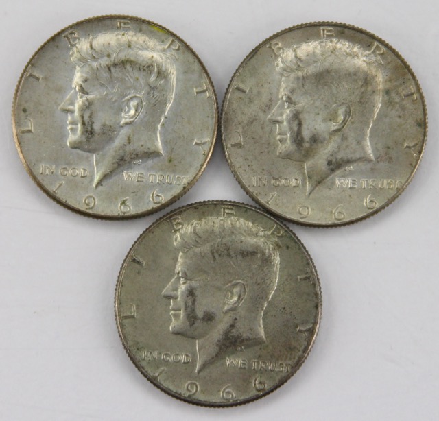 Seven Circulated 40% Silver Kennedy Half Dollars, Circa 1960s