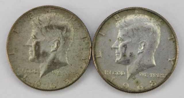 Seven Circulated 40% Silver Kennedy Half Dollars, Circa 1960s