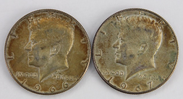 Seven Circulated 40% Silver Kennedy Half Dollars, Circa 1960s