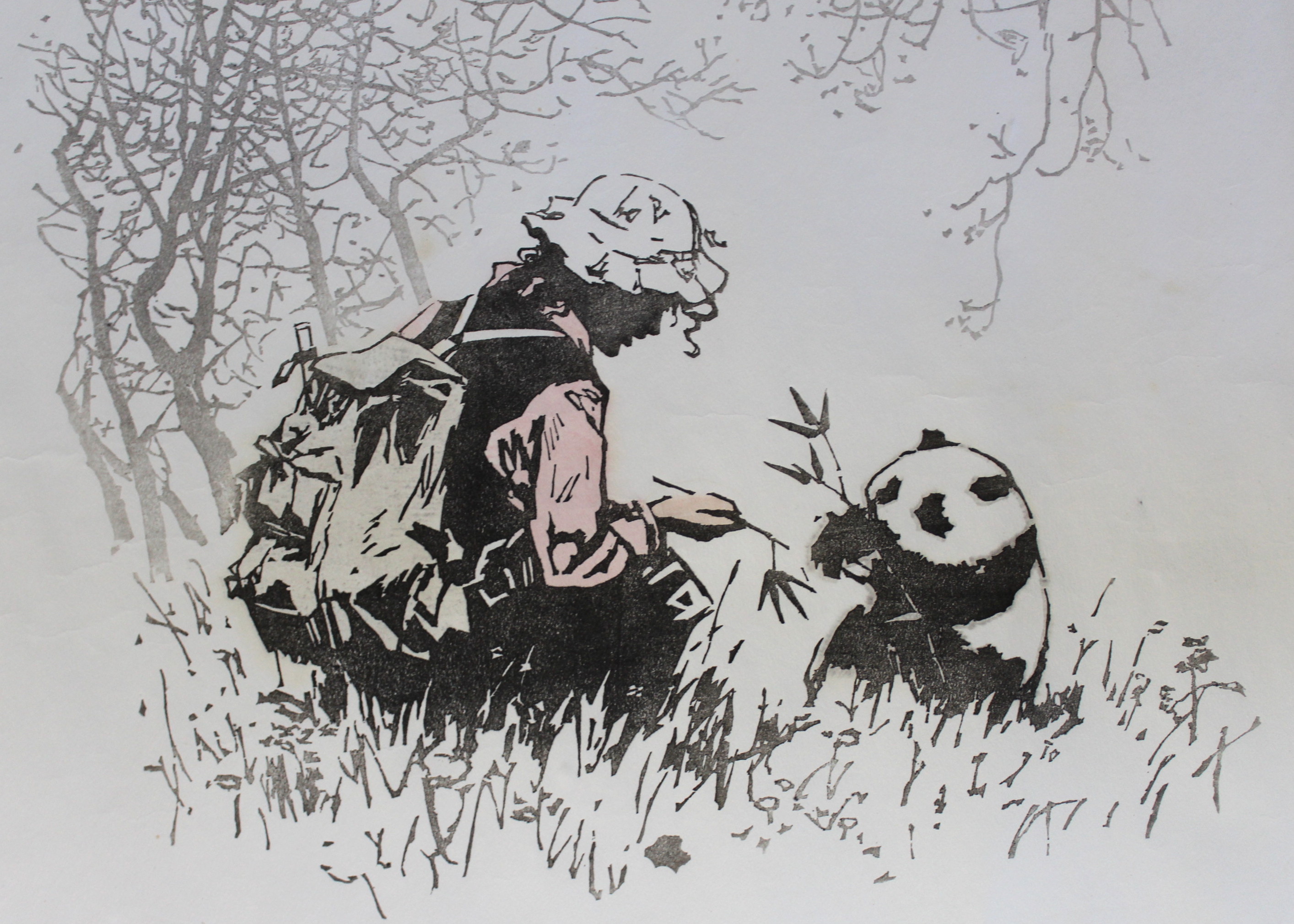 Vietnamese Woodblock Print of Soldier and Panda