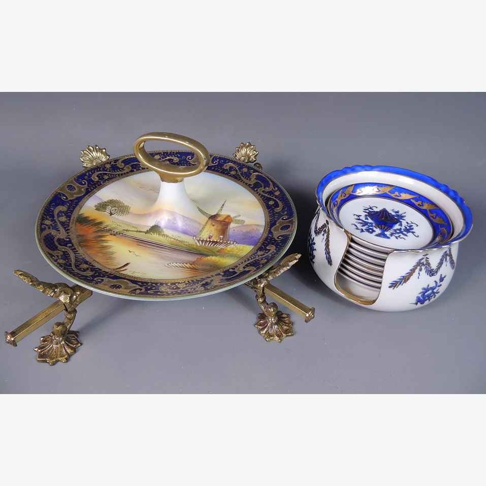 Vintage Isco Hand Painted Coaster Set with Signed Hand Painted Serving Dish