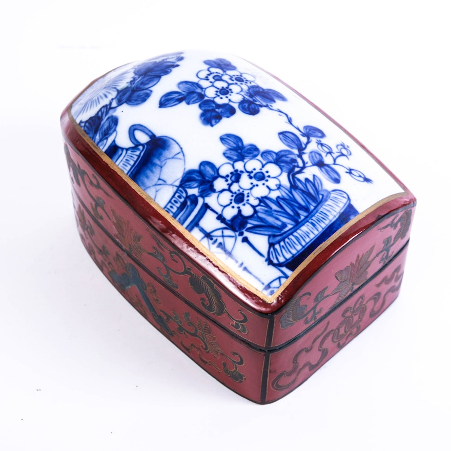 Asian Black Lacquer Box with Wood and Porcelain Lid
