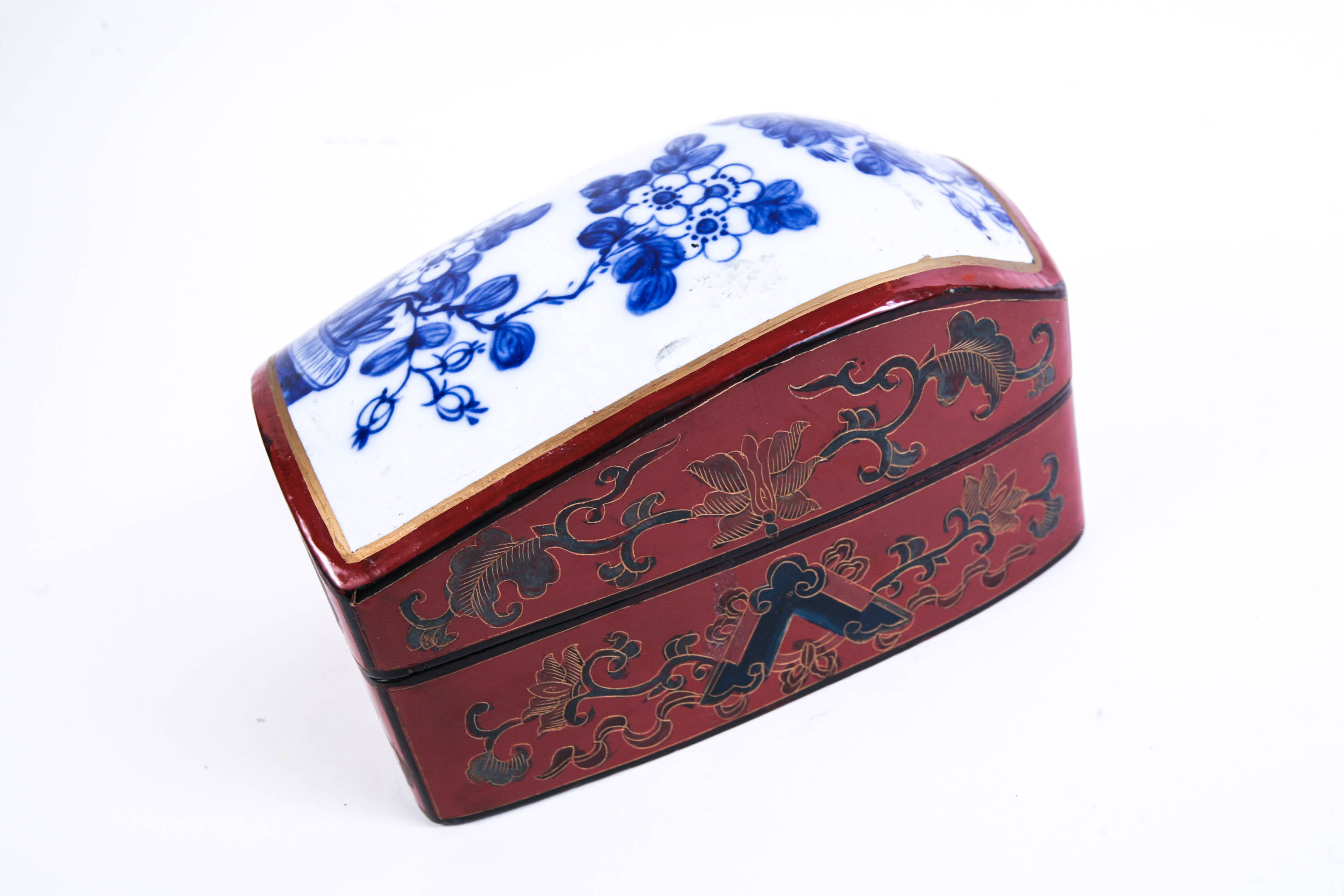 Asian Black Lacquer Box with Wood and Porcelain Lid