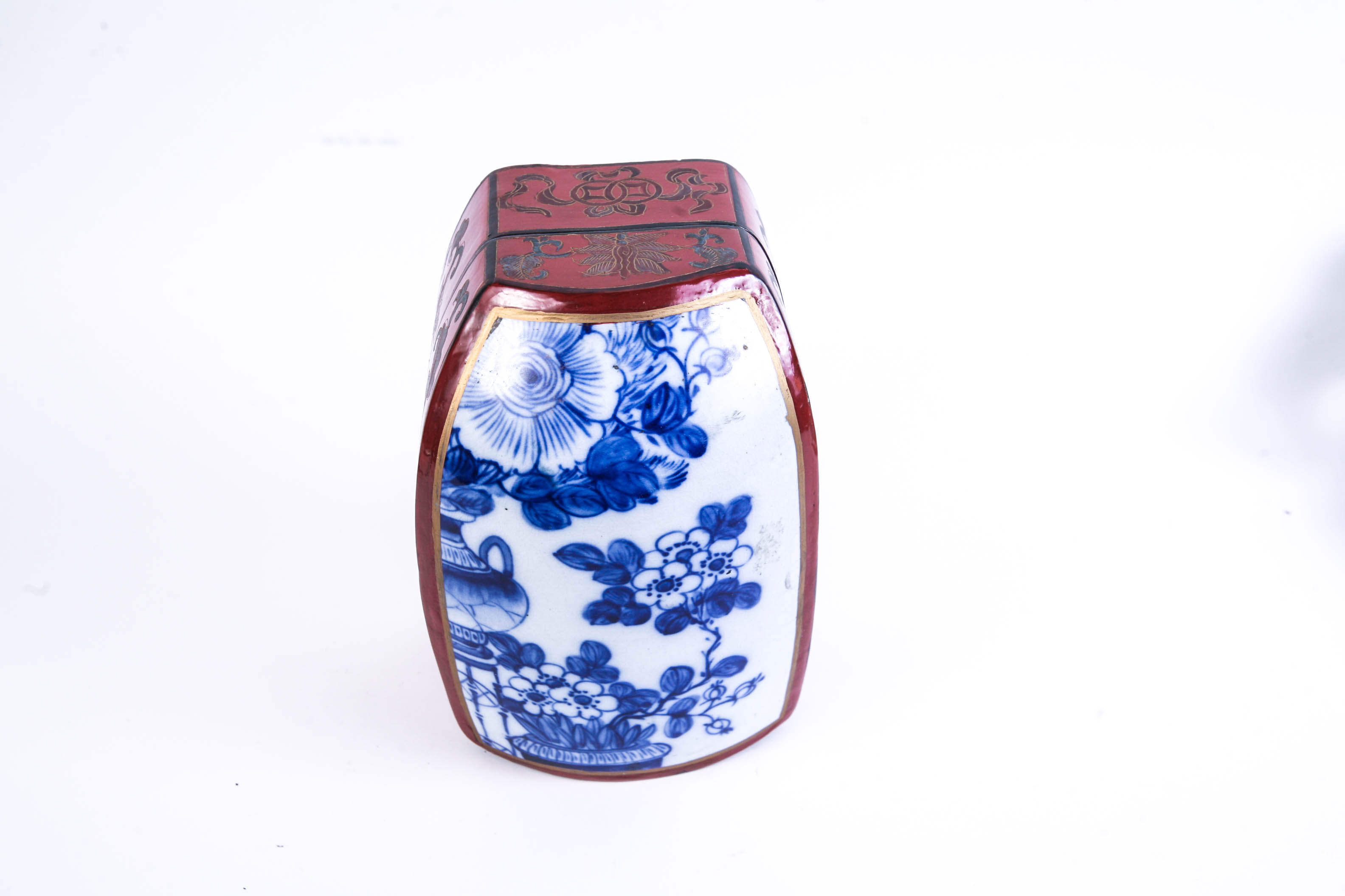 Asian Black Lacquer Box with Wood and Porcelain Lid