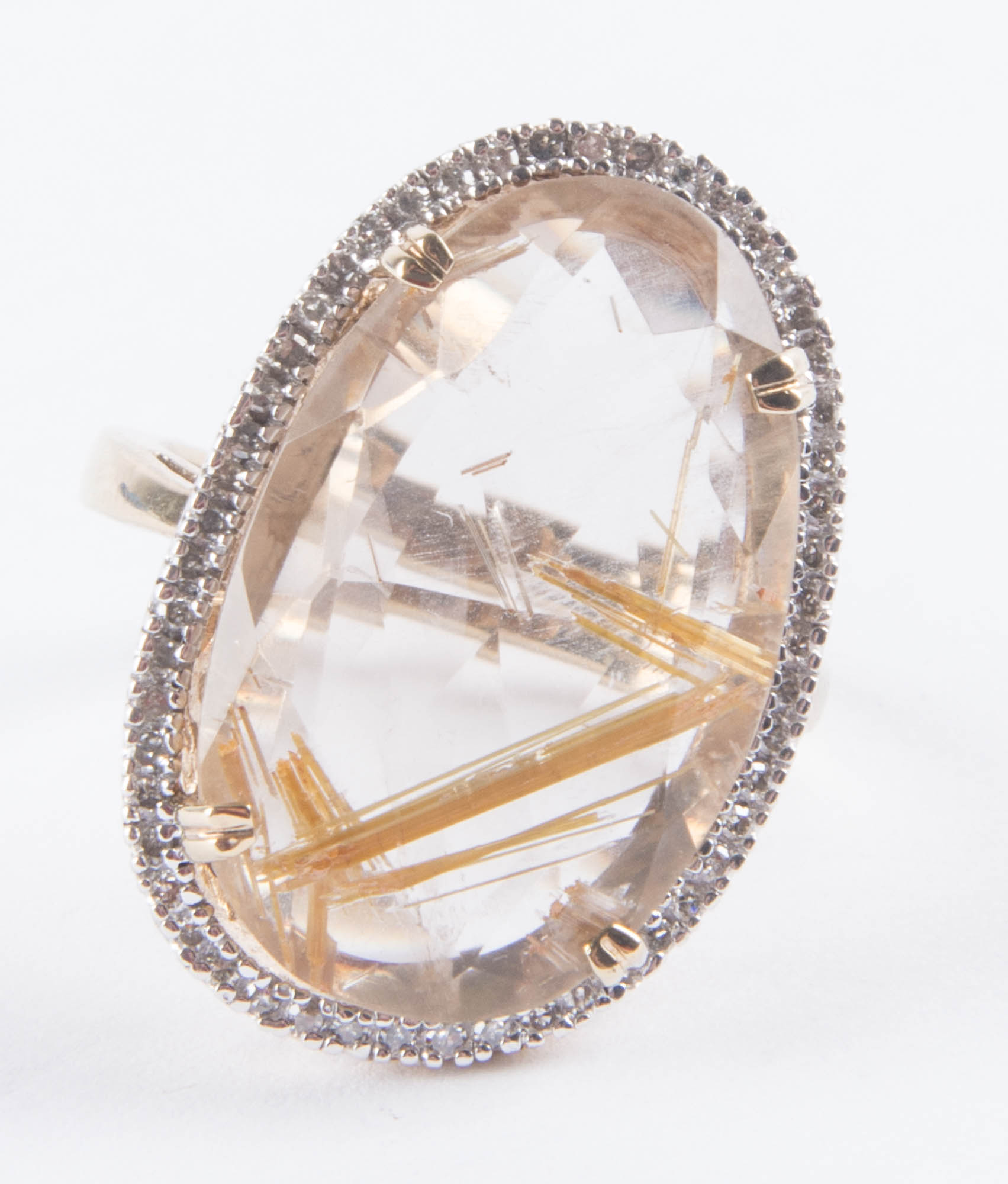 Gold Rutile Quartz and Diamond Ring
