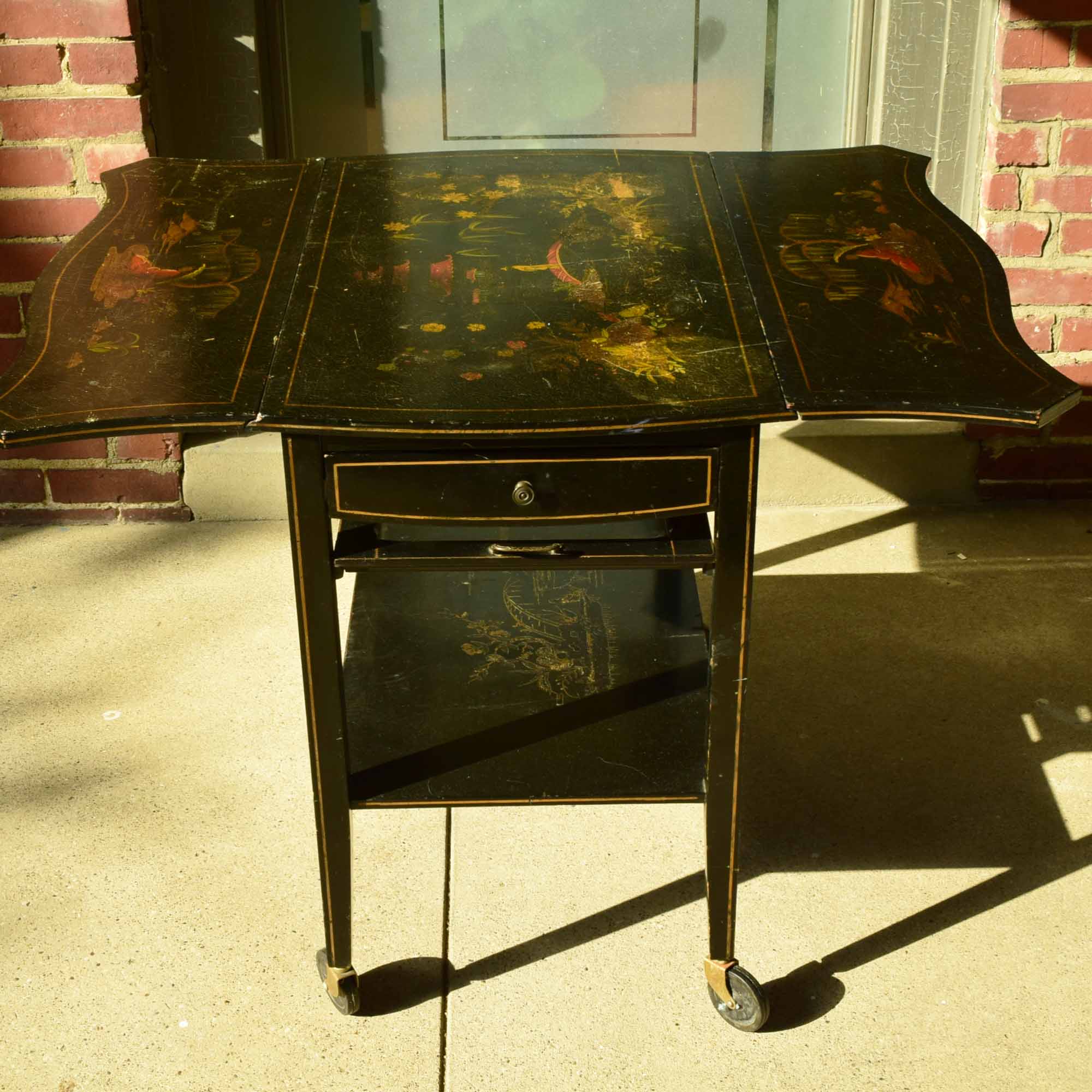 Antique Japanese Chinoiserie Style Drop-Leaf Tea Cart
