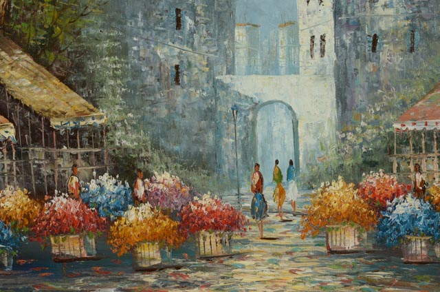 Vintage Oil on Canvas Street Scene