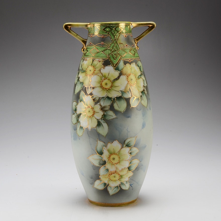Hand Painted Nippon Vase with White Woodland Roses