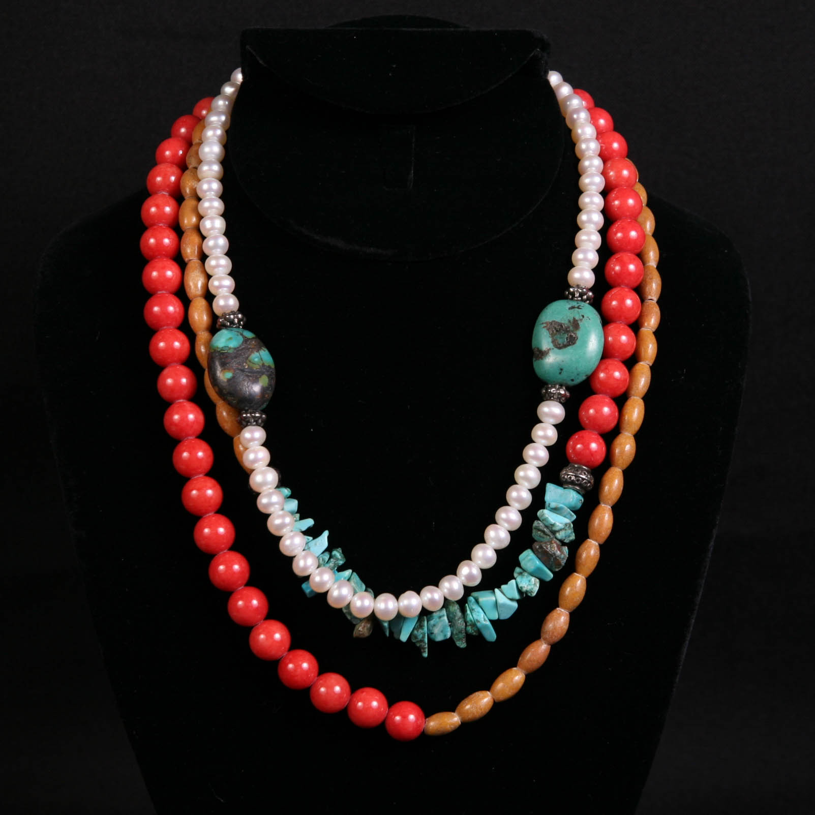 Multi-Strand Silver Toned Turquoise, Pearl and Stone Necklace