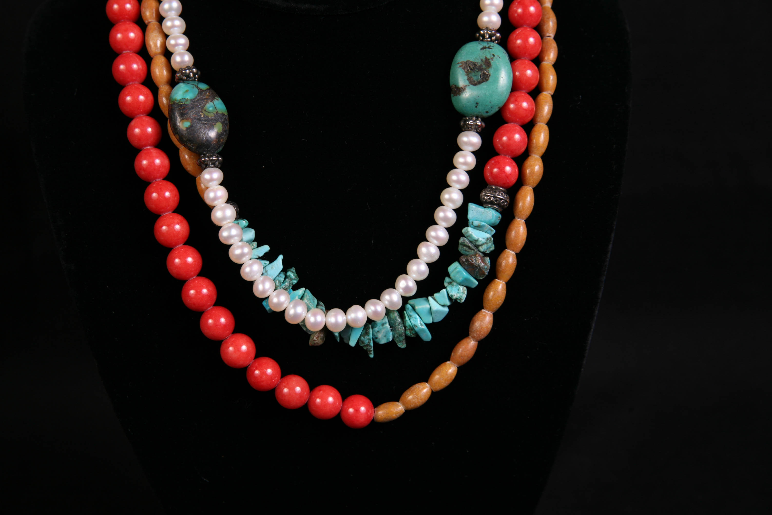 Multi-Strand Silver Toned Turquoise, Pearl and Stone Necklace