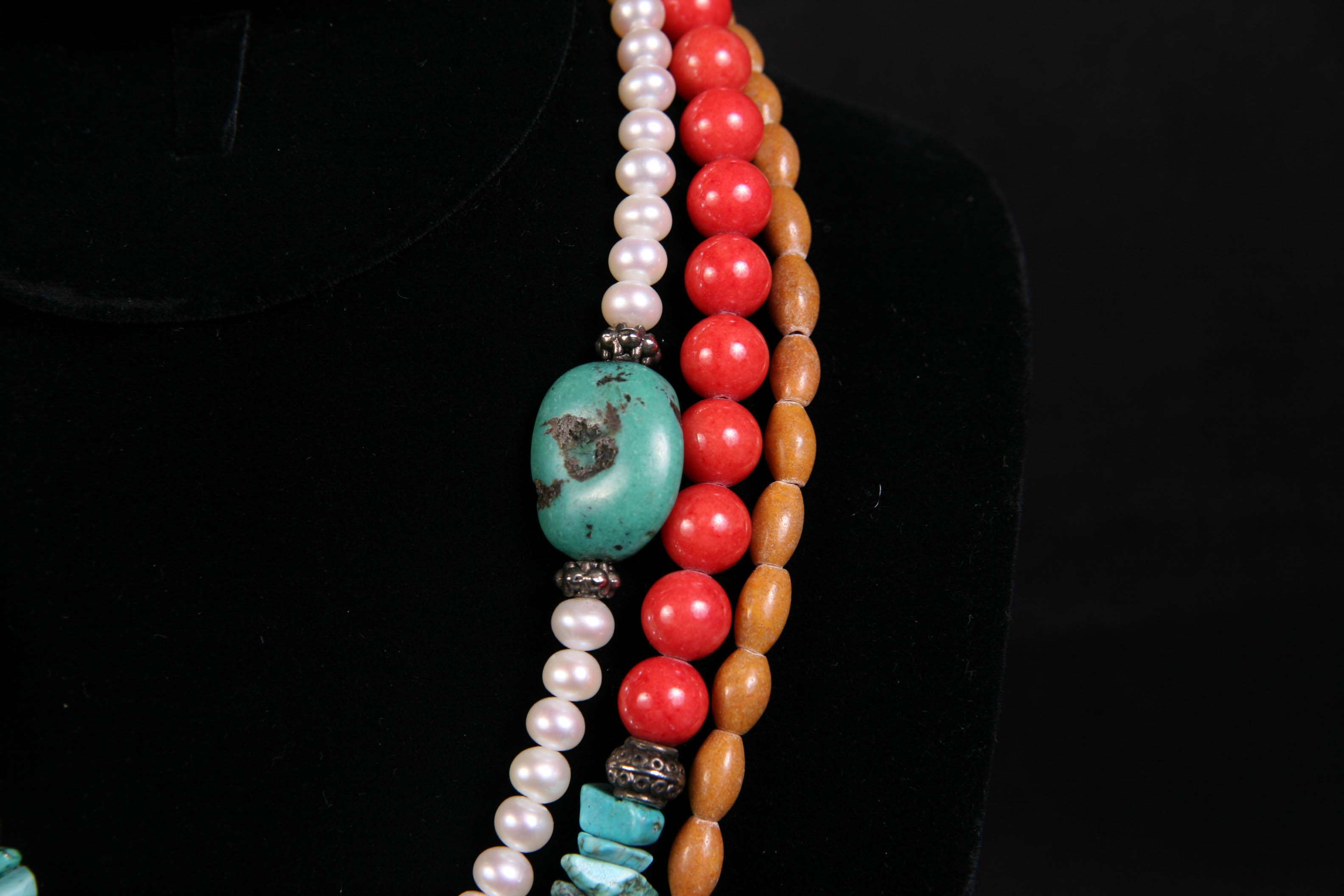 Multi-Strand Silver Toned Turquoise, Pearl and Stone Necklace