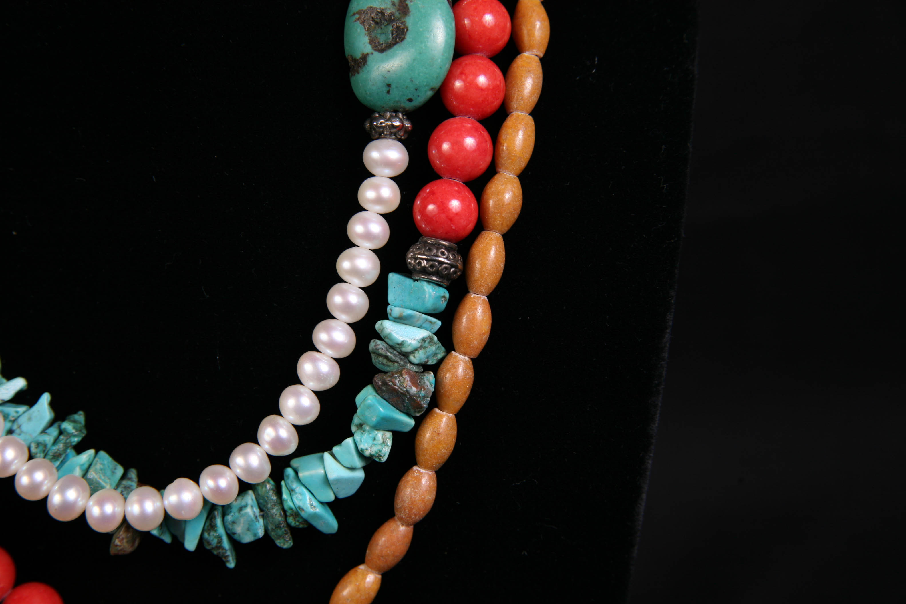 Multi-Strand Silver Toned Turquoise, Pearl and Stone Necklace
