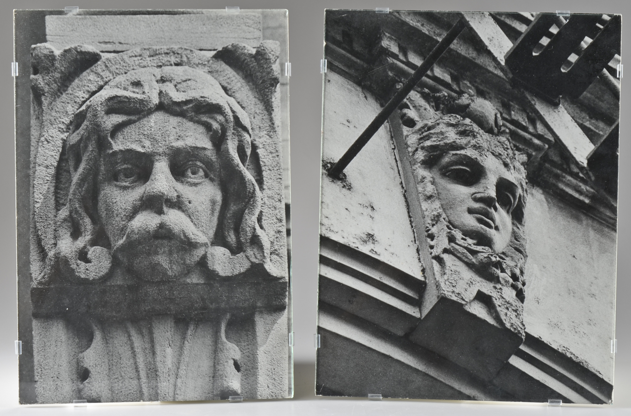 Pair of Photographs of Stone Carvings Under Glass