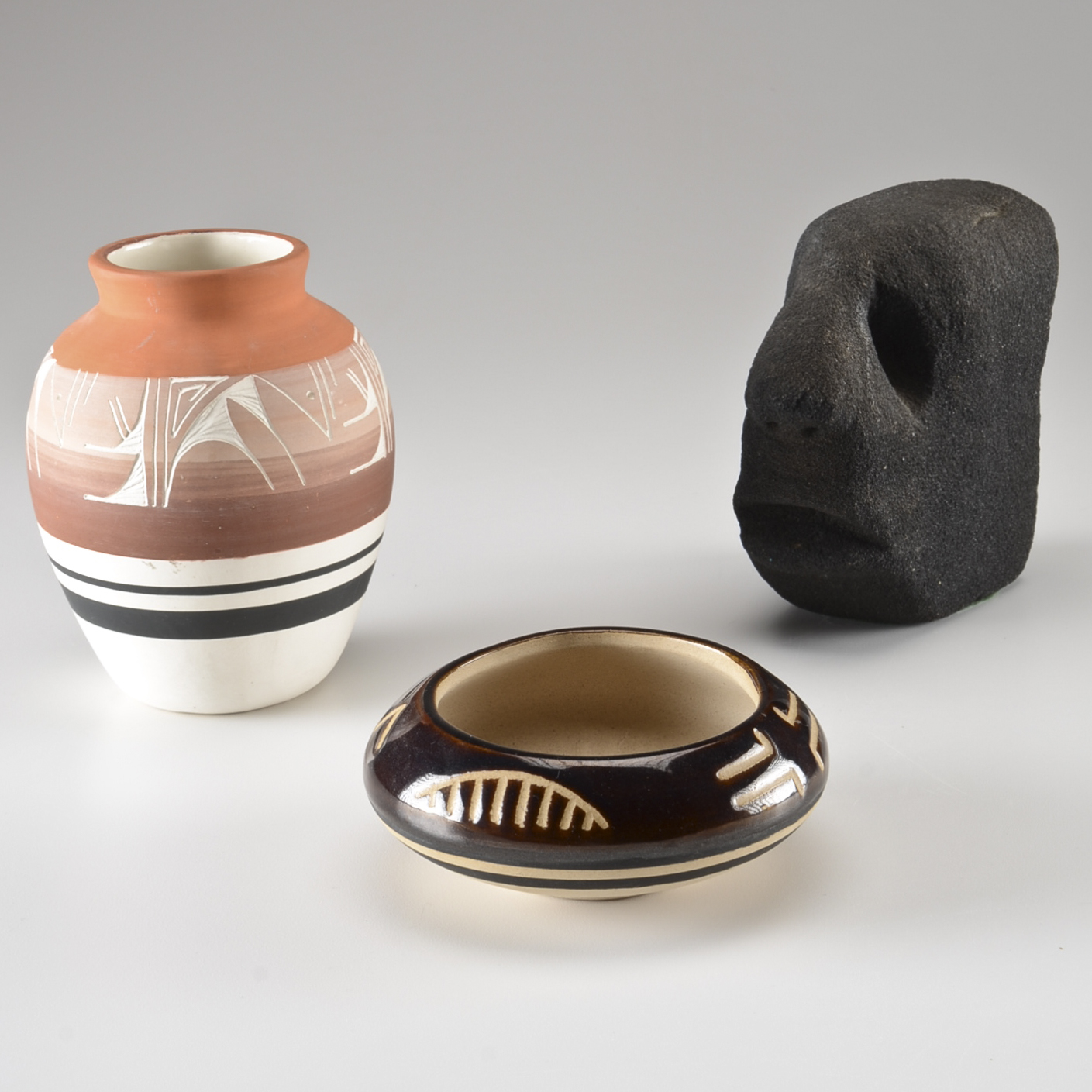 Pair of Native American Pottery and Black Sculpture