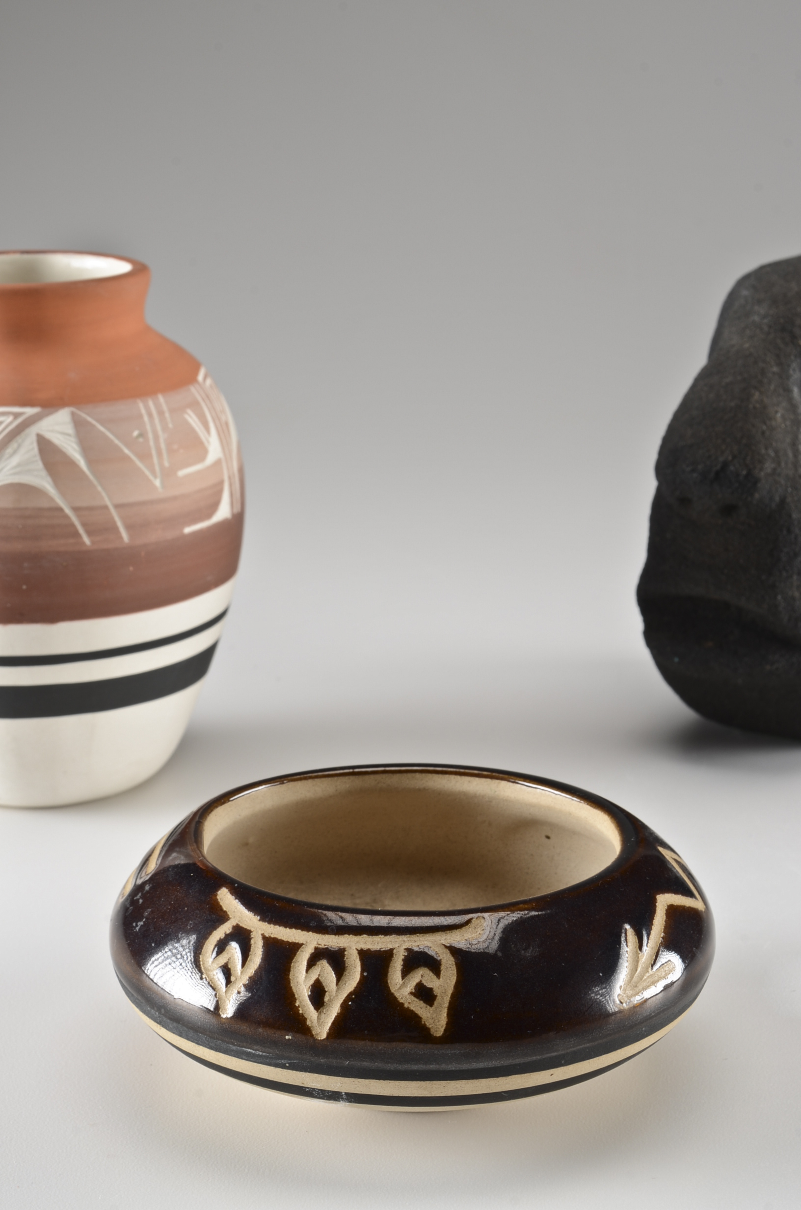 Pair of Native American Pottery and Black Sculpture