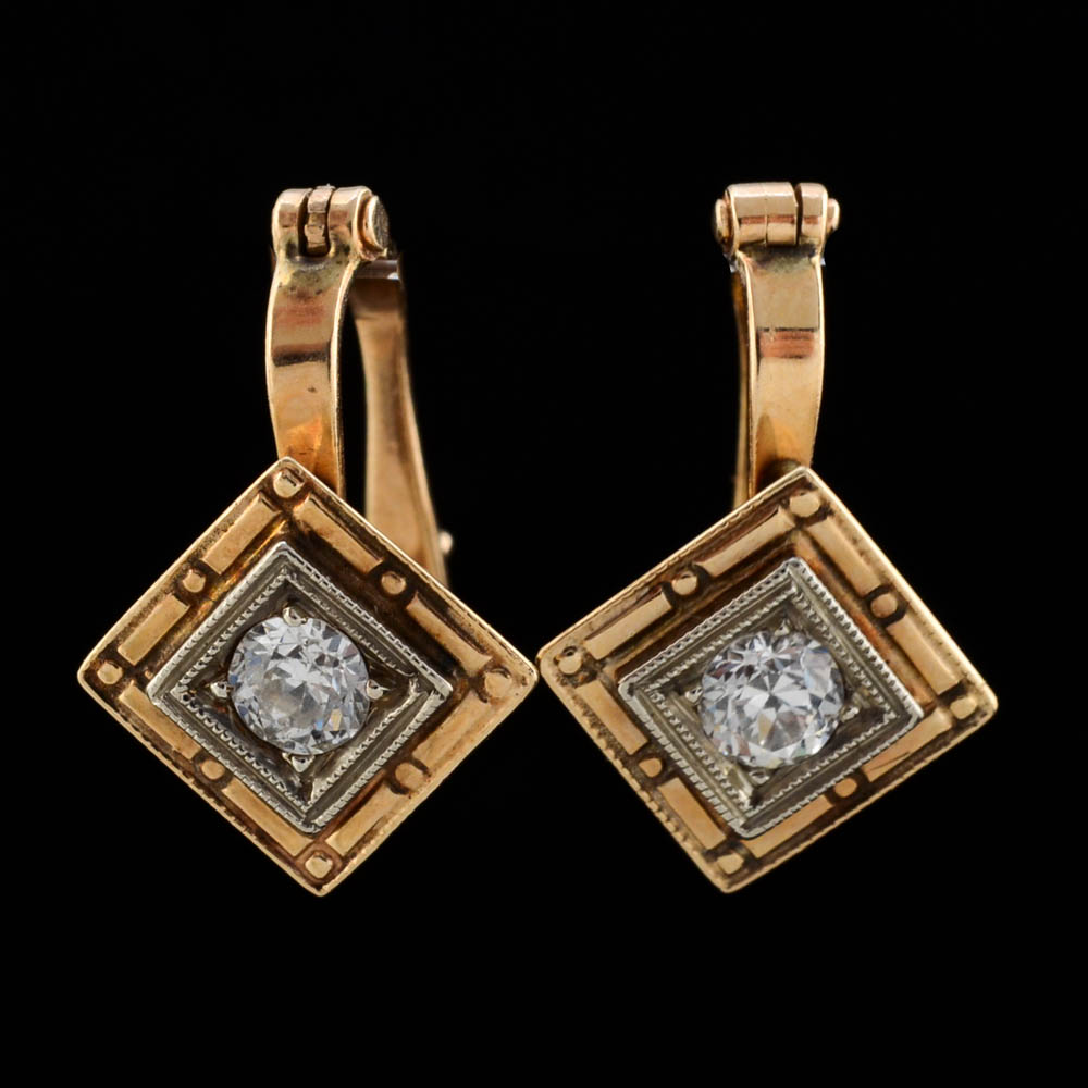 Vintage 14K Two Tone Gold and Diamond Hinge Back Pierced Earrings