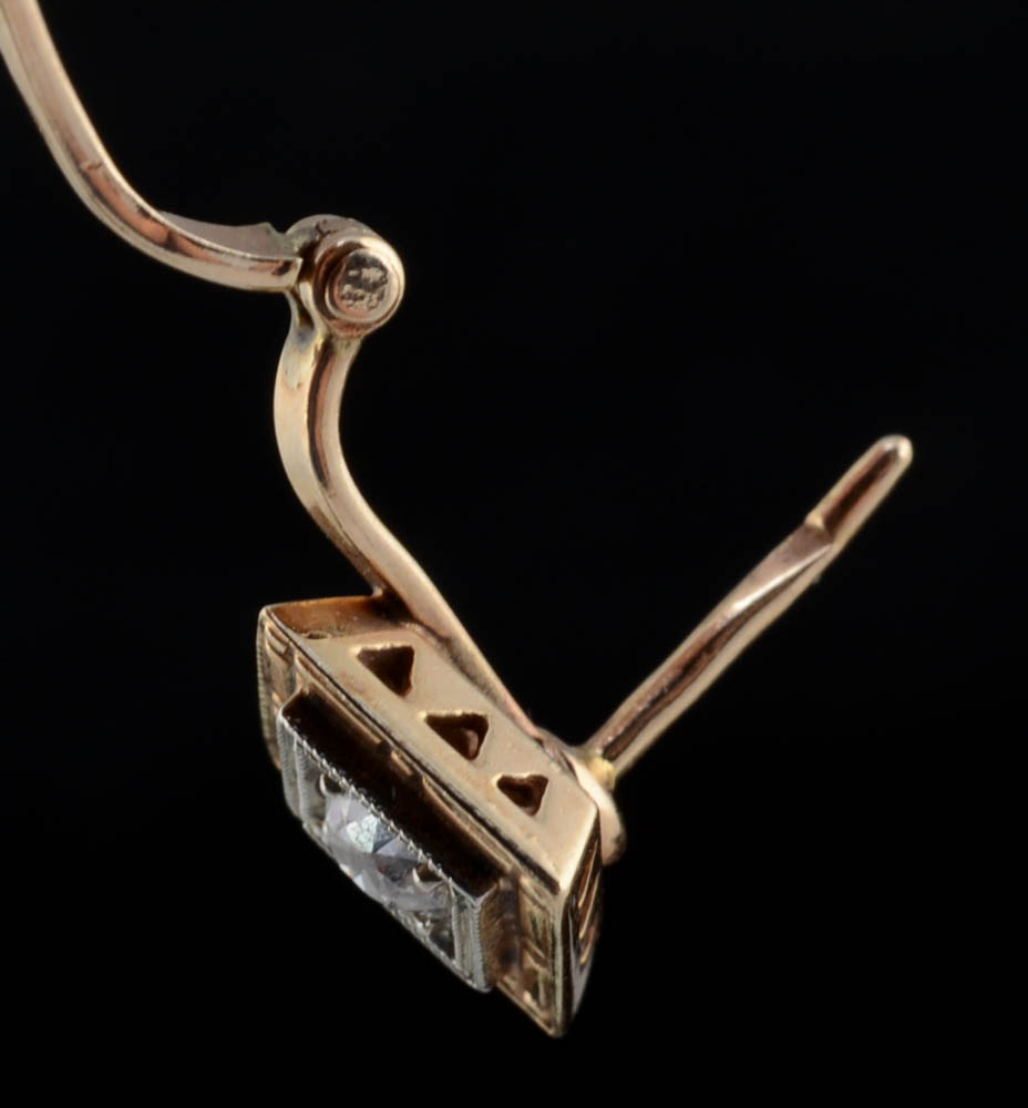 Vintage 14K Two Tone Gold and Diamond Hinge Back Pierced Earrings