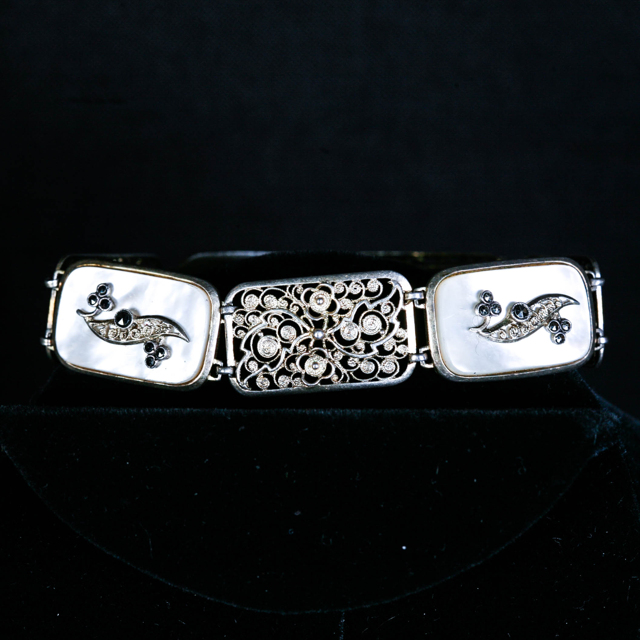 Continental Antique Silver (800) and Mother of Pearl Panel Bracelet