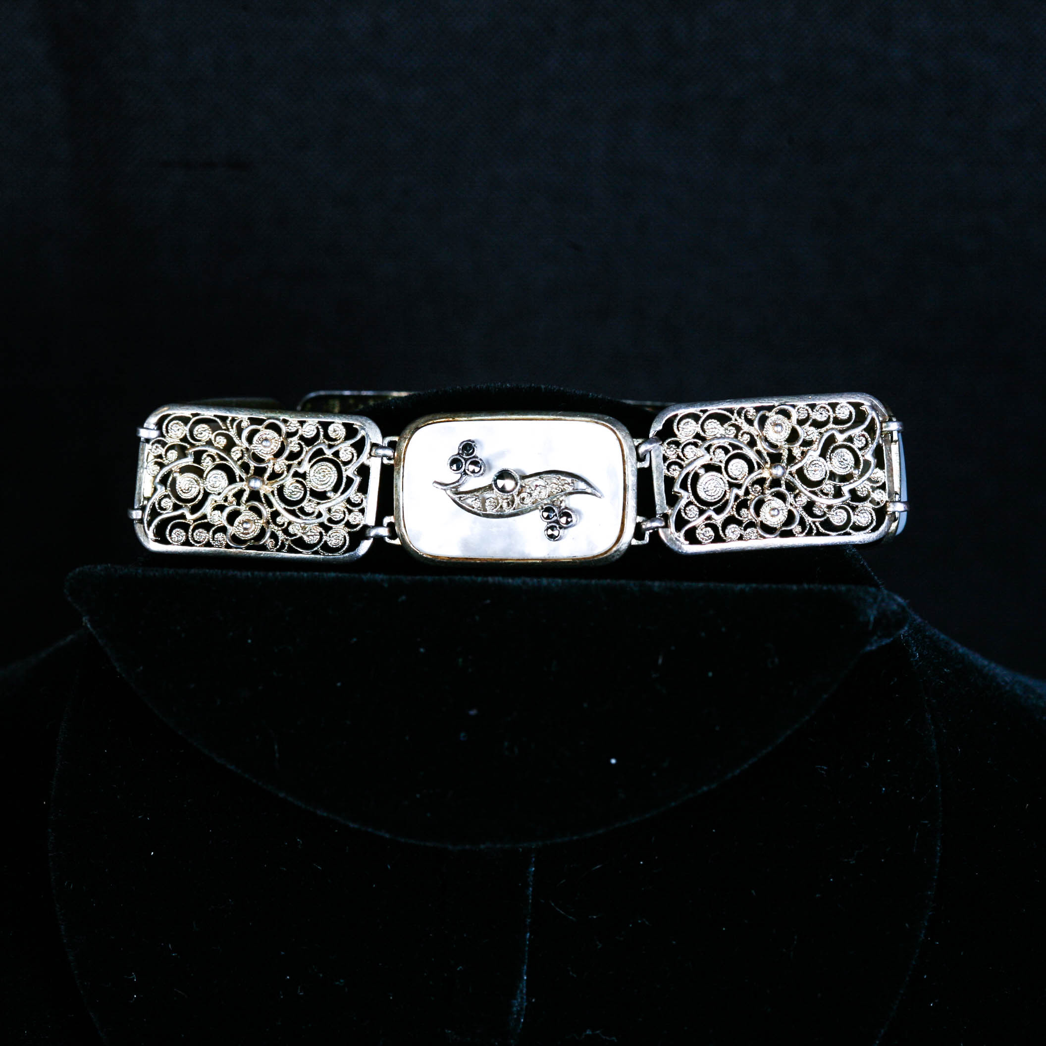 Continental Antique Silver (800) and Mother of Pearl Panel Bracelet