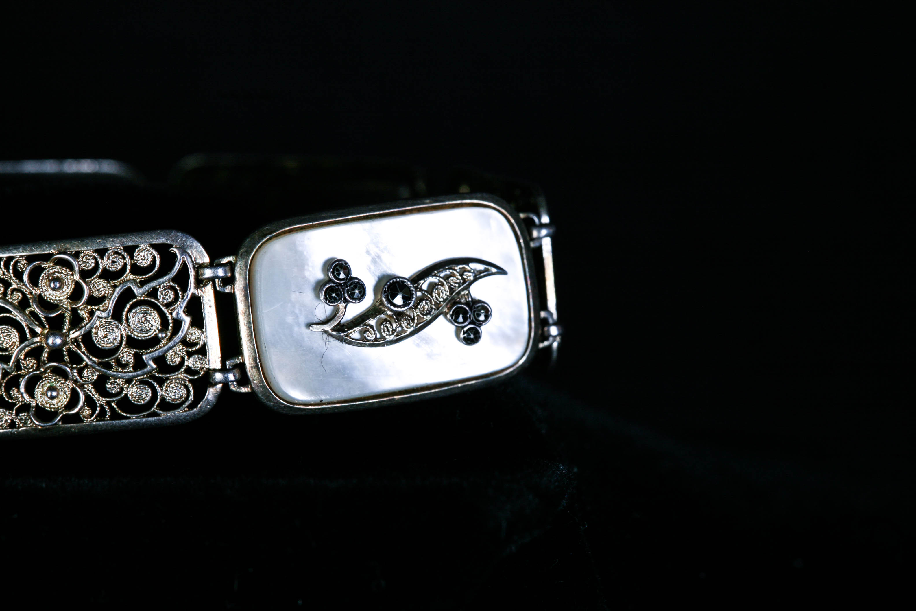 Continental Antique Silver (800) and Mother of Pearl Panel Bracelet