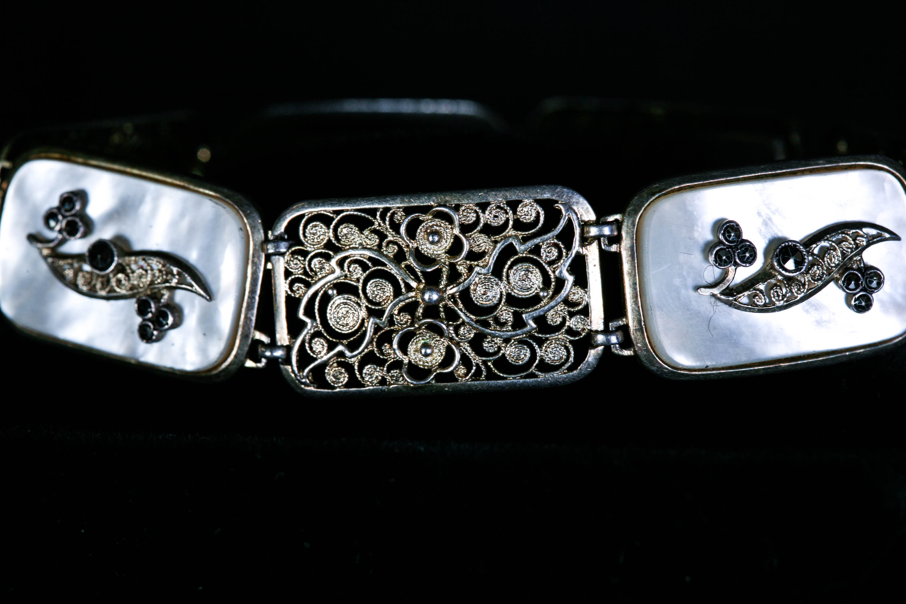 Continental Antique Silver (800) and Mother of Pearl Panel Bracelet