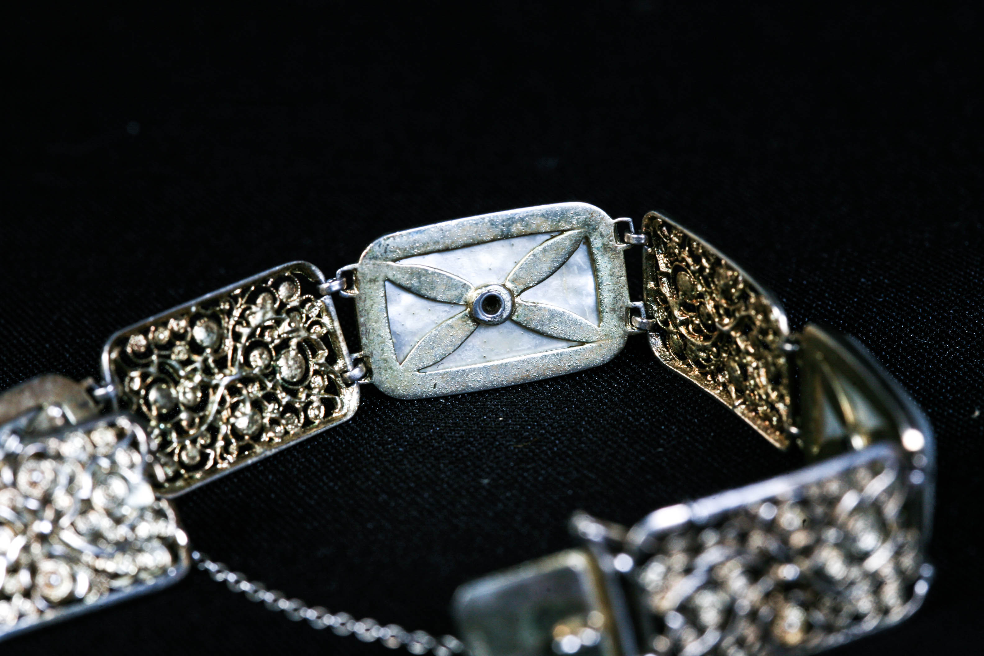 Continental Antique Silver (800) and Mother of Pearl Panel Bracelet