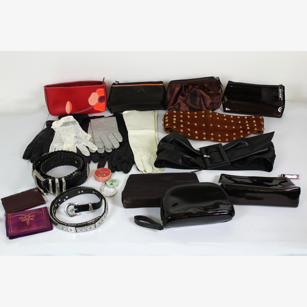 Assortment of Belts, Cosmetic Bags, Evening Gloves, and Wallets
