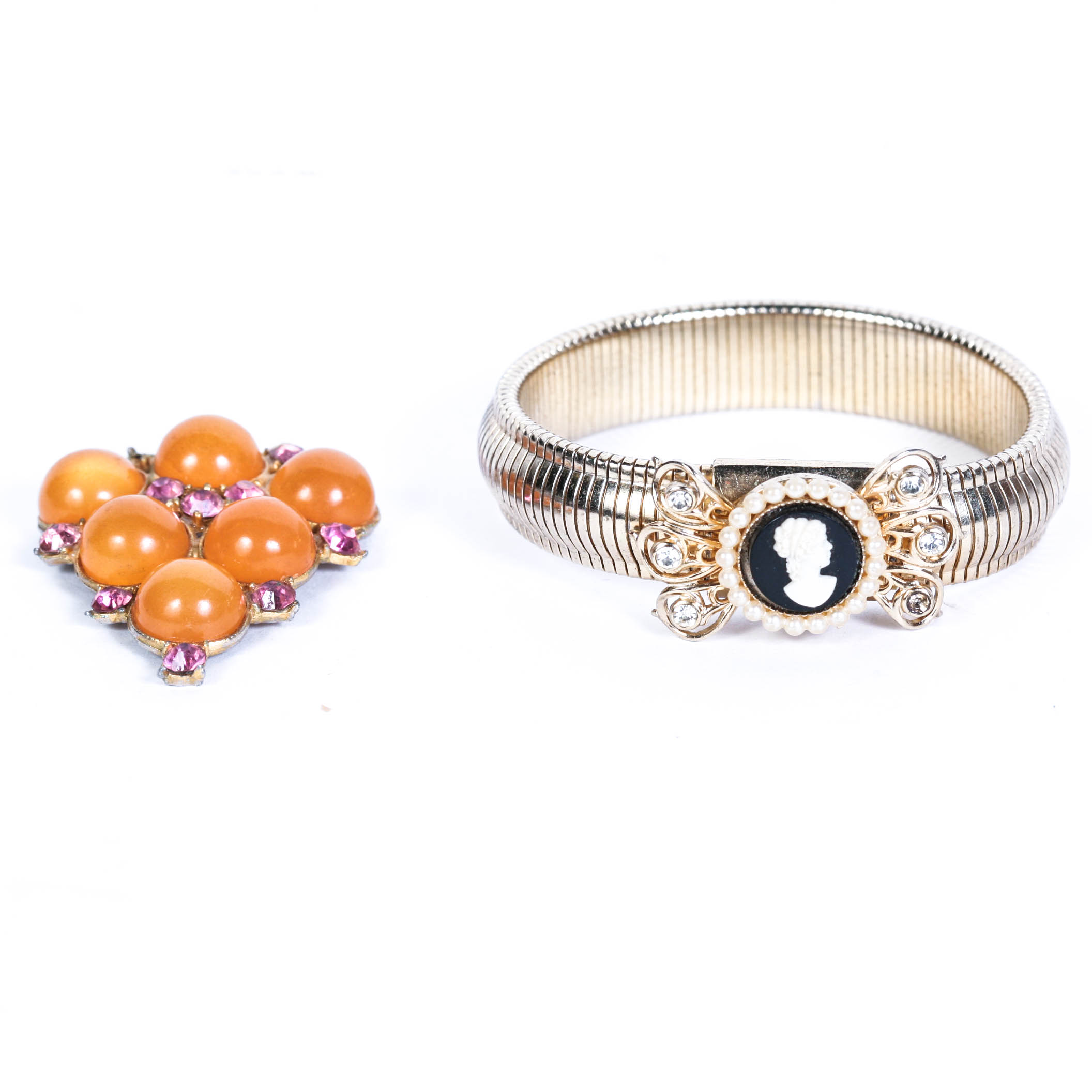 Signed Coro Cameo Bracelet, Pegasus Mark (1945-1979) and Scarf Clip