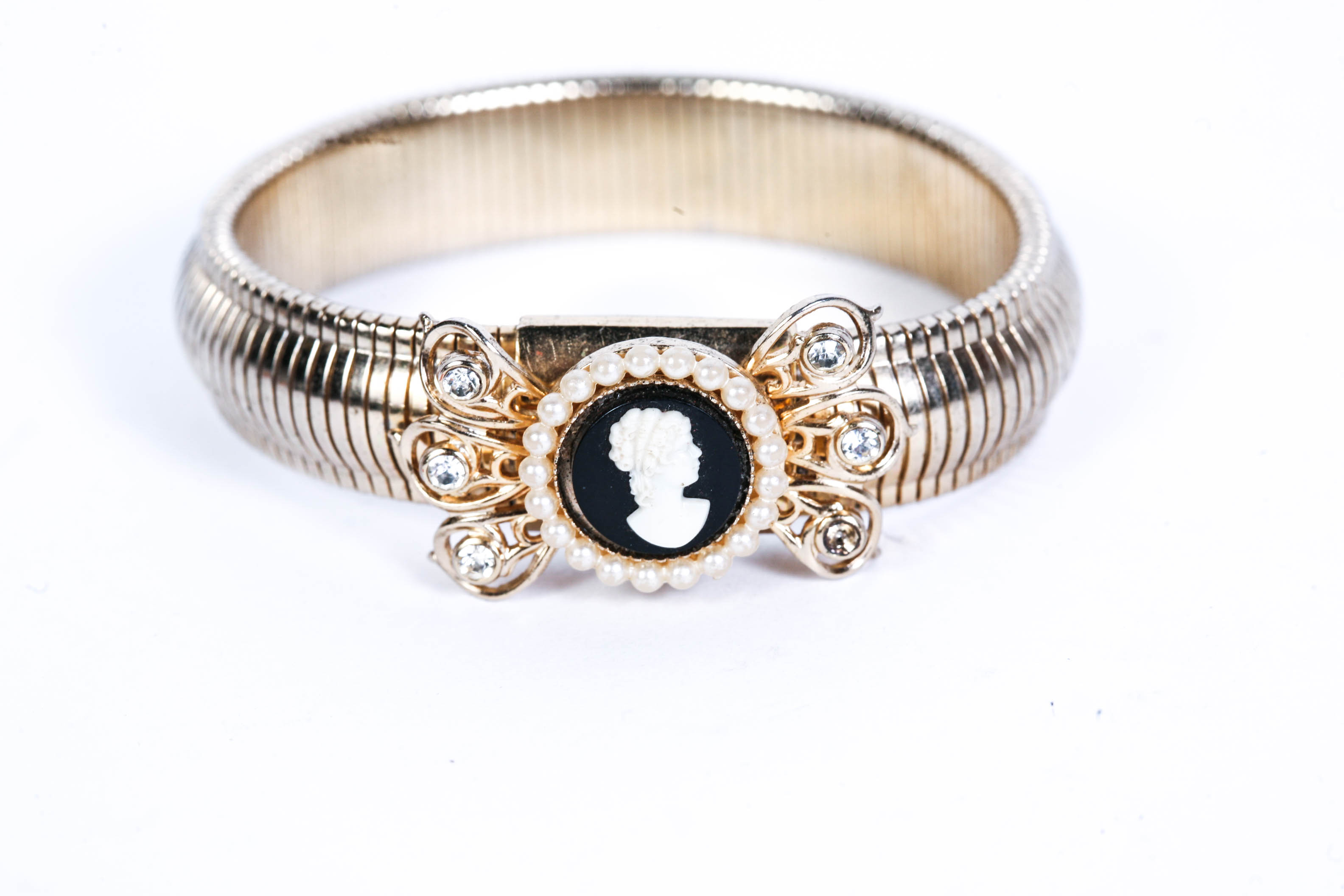 Signed Coro Cameo Bracelet, Pegasus Mark (1945-1979) and Scarf Clip