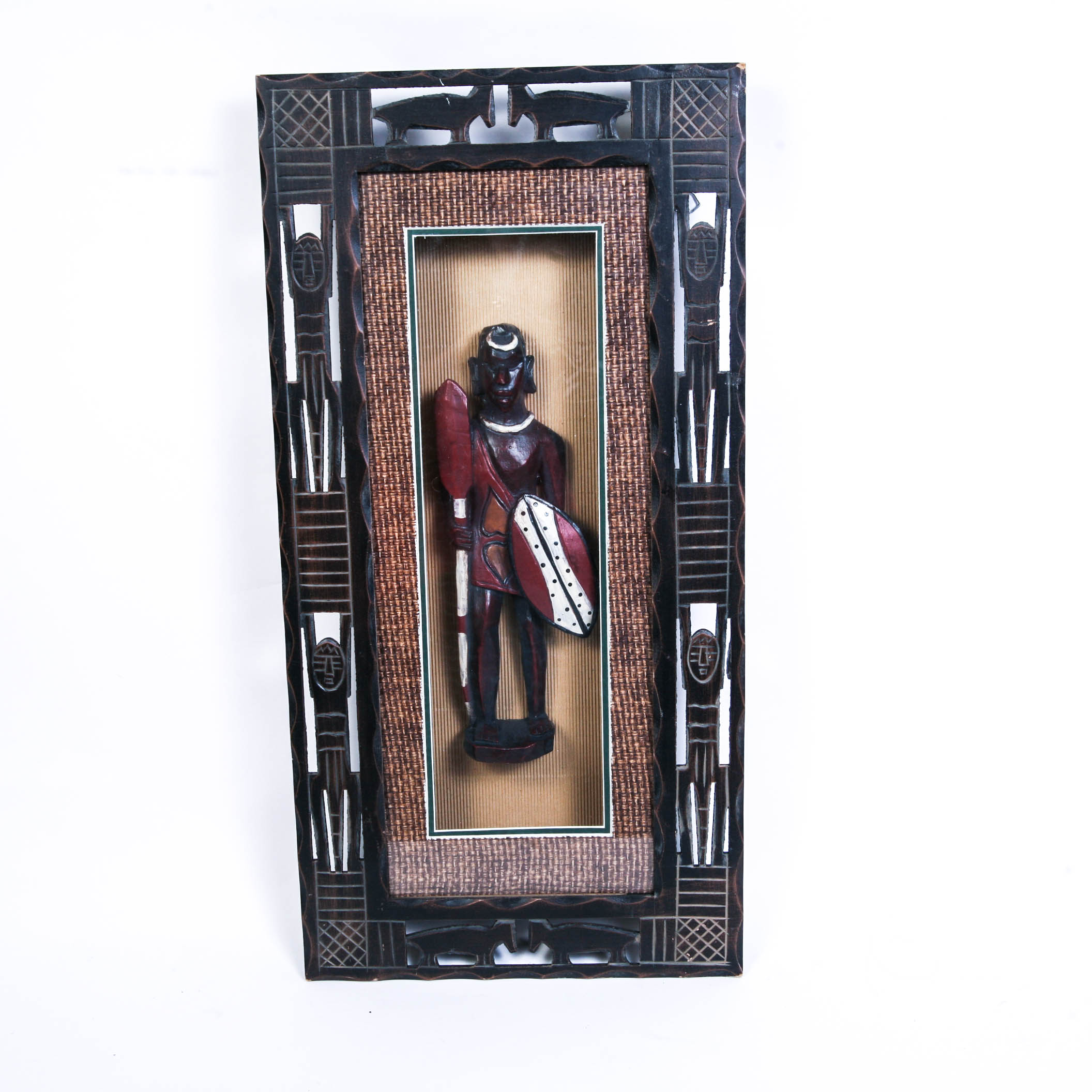 African Warrior in Carved Wood Shadow Box