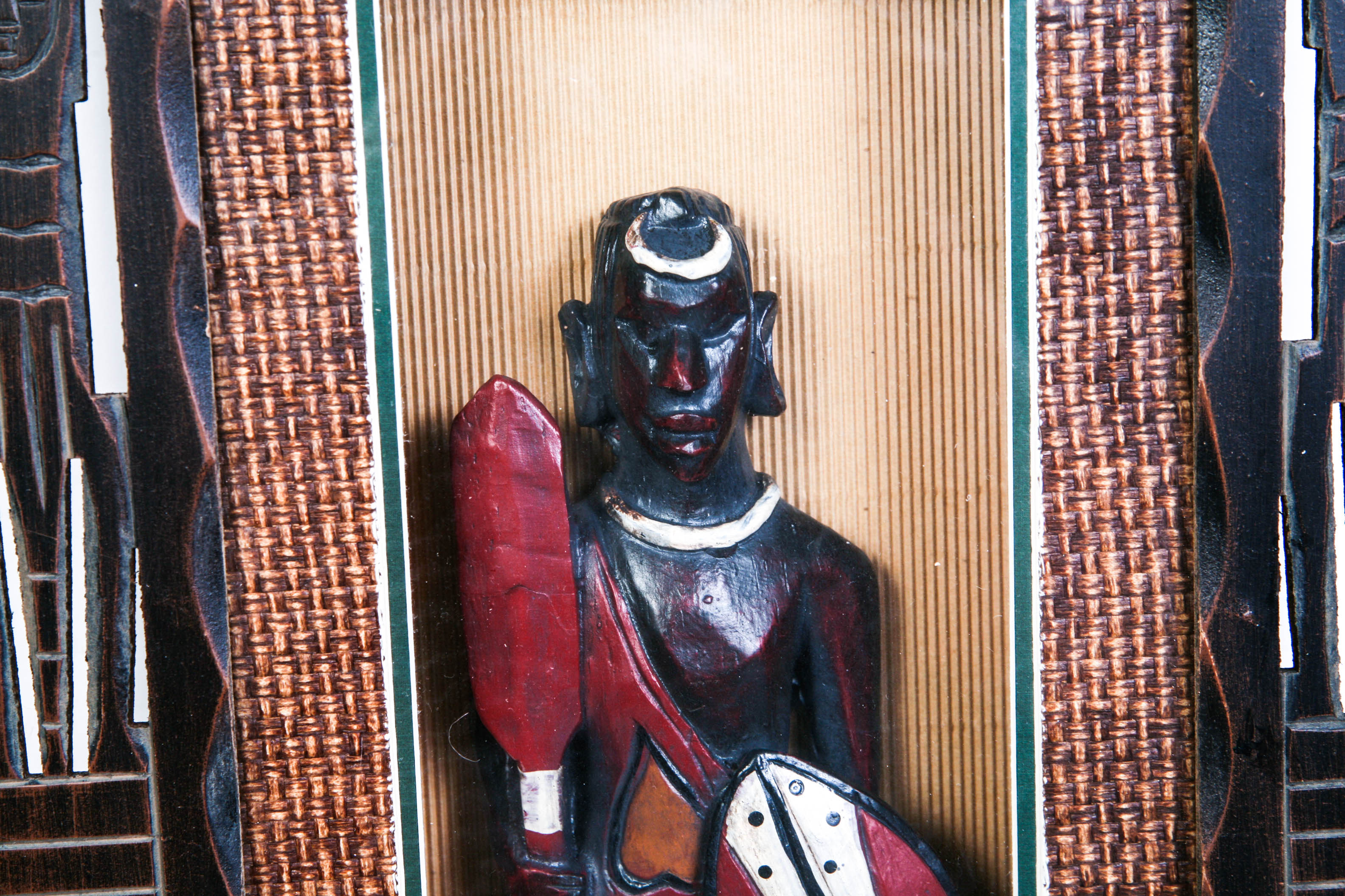 African Warrior in Carved Wood Shadow Box