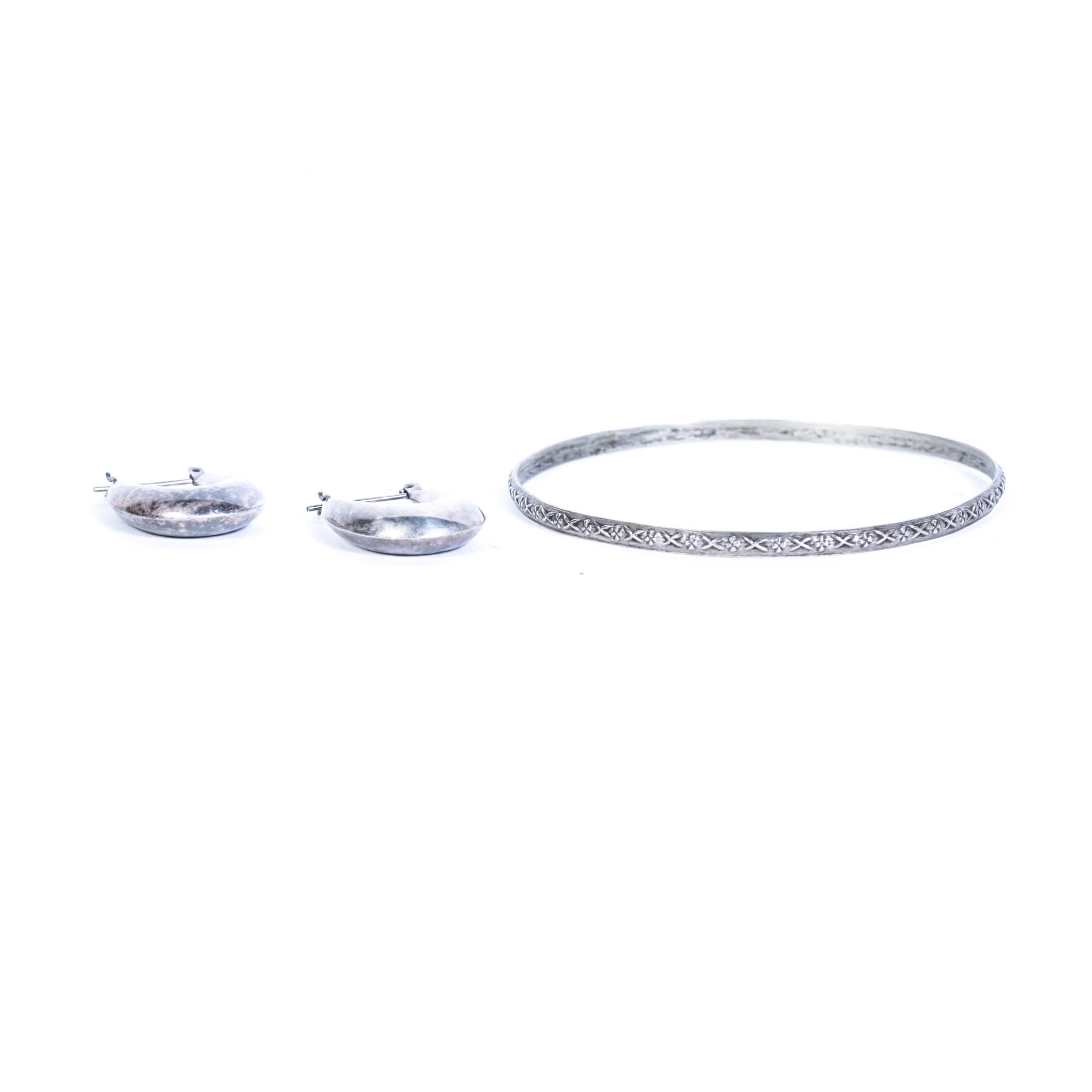 Sterling Silver Bangle Bracelet and Sterling Silver Post Hoop Earrings