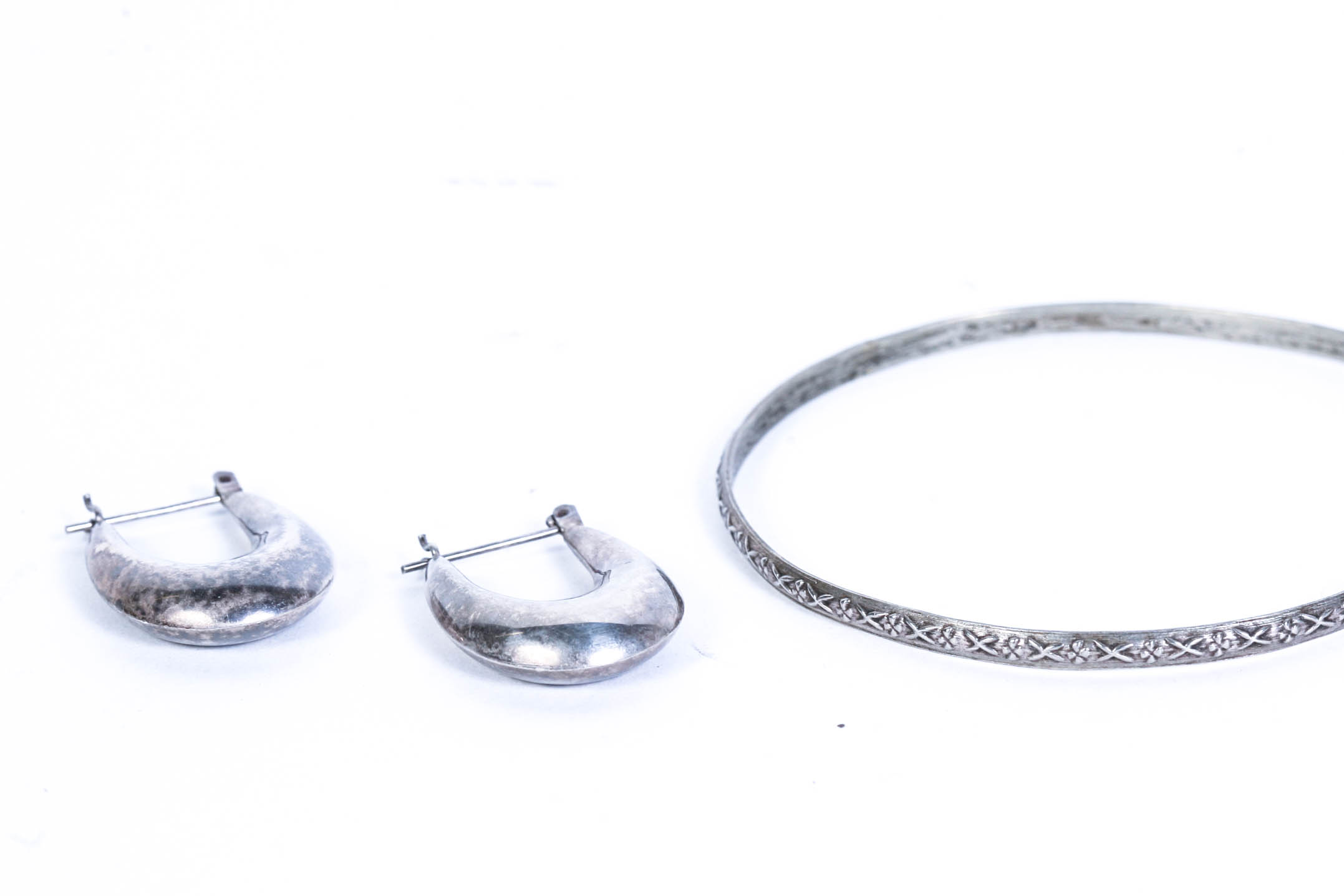 Sterling Silver Bangle Bracelet and Sterling Silver Post Hoop Earrings