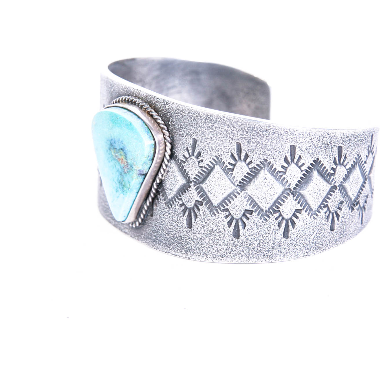 Kevin Yazzie Tufa Signed Sterling Cuff w/Pilot Mountain Turquoise