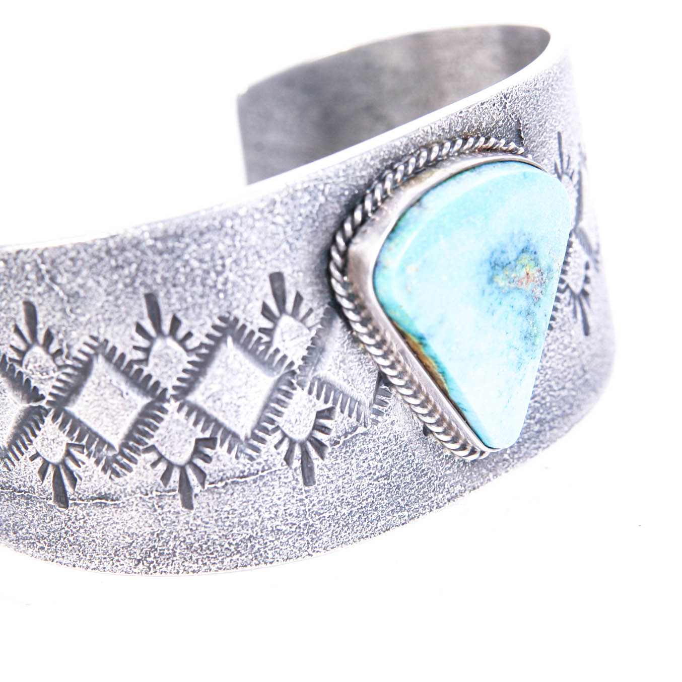 Kevin Yazzie Tufa Signed Sterling Cuff w/Pilot Mountain Turquoise