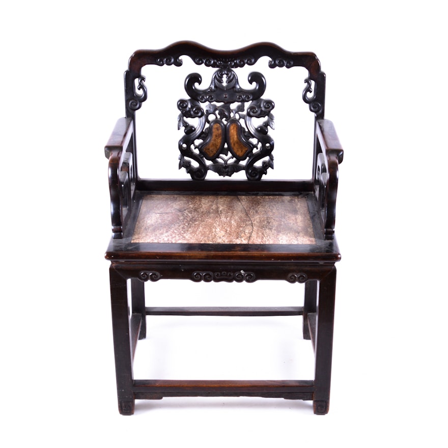 Antique Chinese Rosewood Chair with Marble Accents