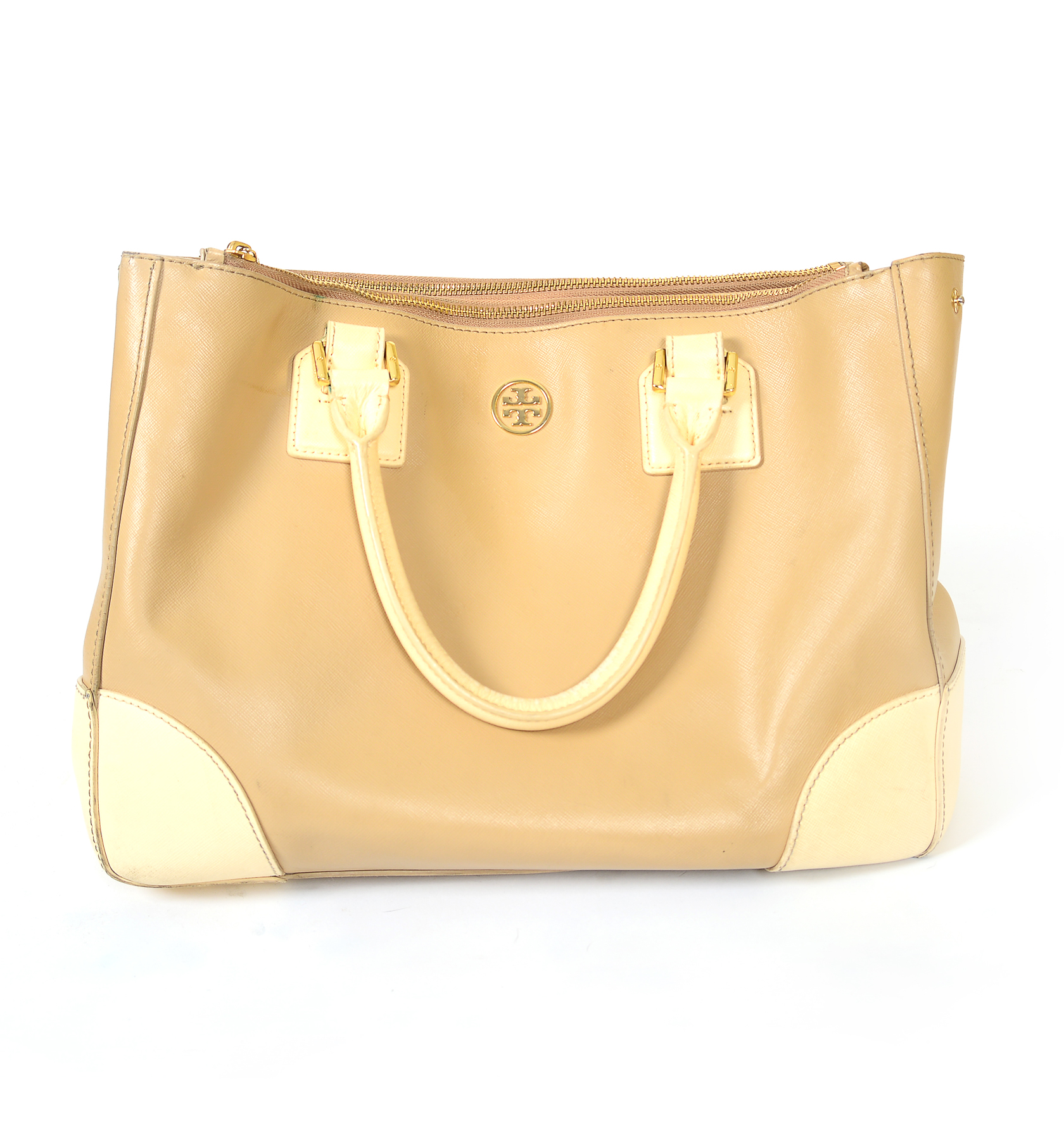 Beige and White Leather Tory Burch Handbag