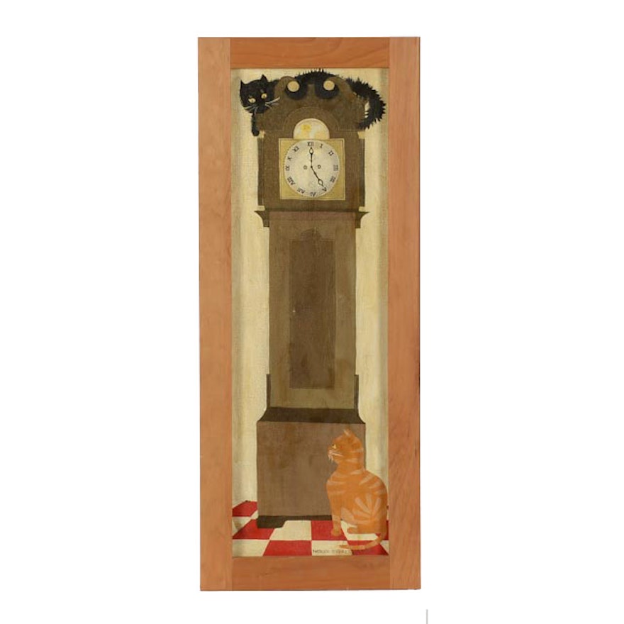 Natalie Everett Goodman Folk Painting with Cats and Clock