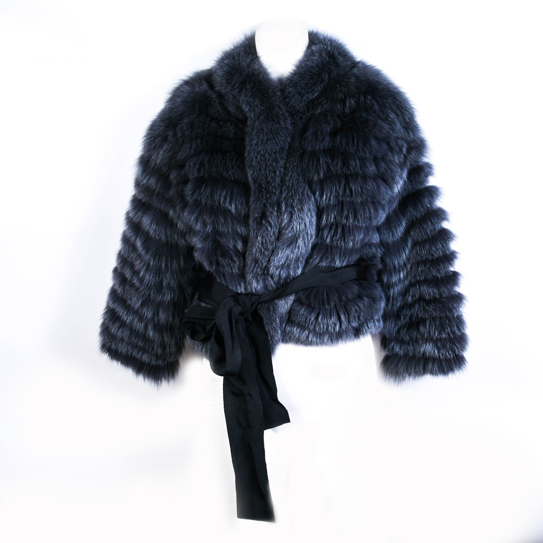 Karolina Zmarlak Charcoal Grey Fur Coat with Black Grosgrain Belt