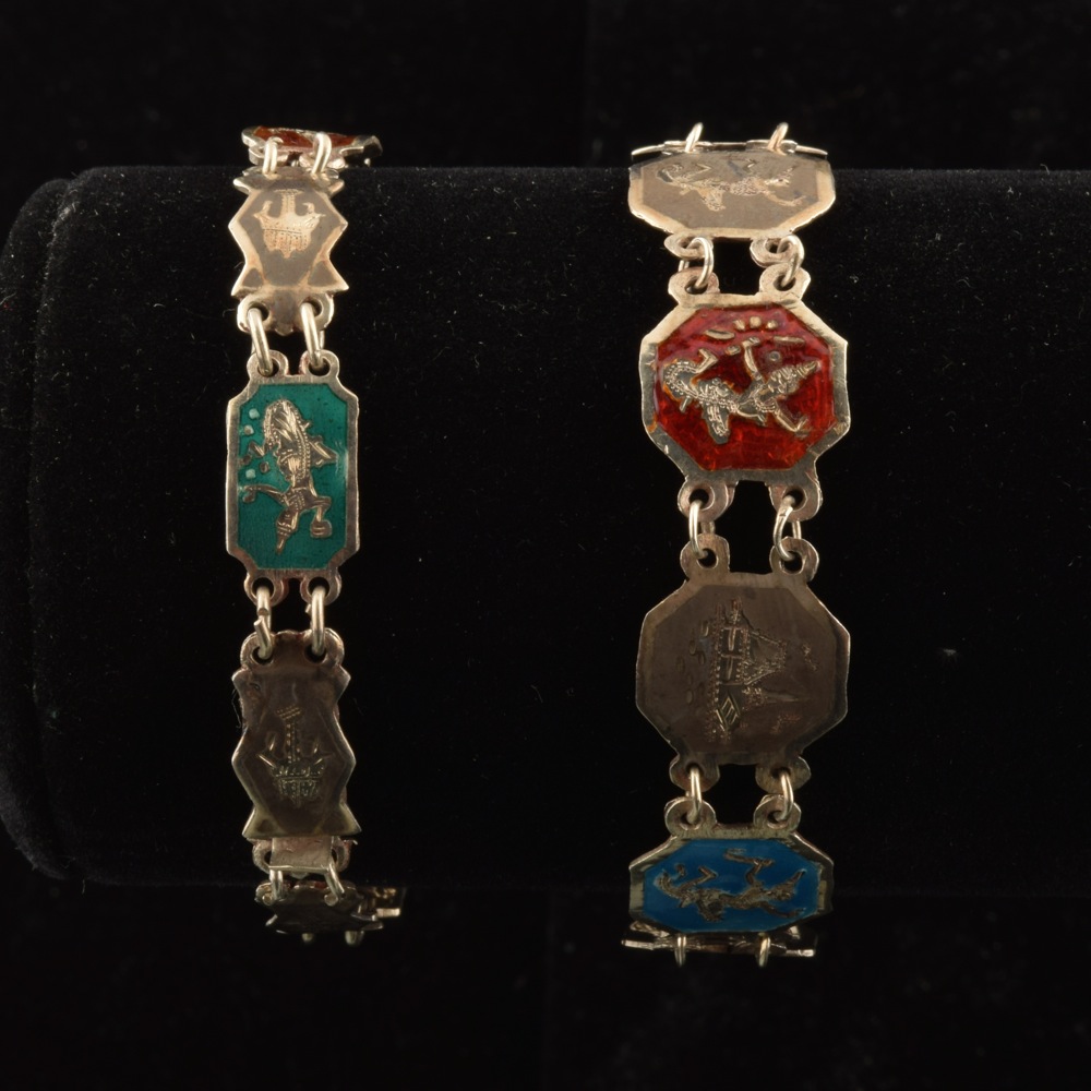 Pair of Antique Siam Enameled Sterling Bracelets
