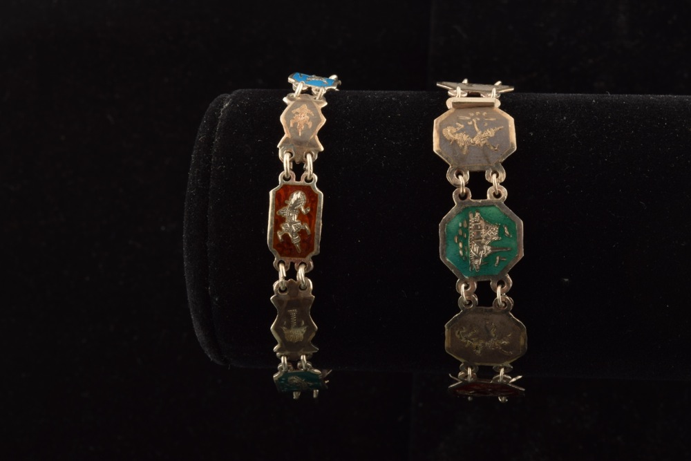 Pair of Antique Siam Enameled Sterling Bracelets