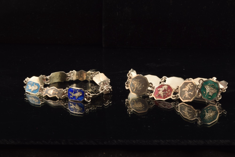 Pair of Antique Siam Enameled Sterling Bracelets