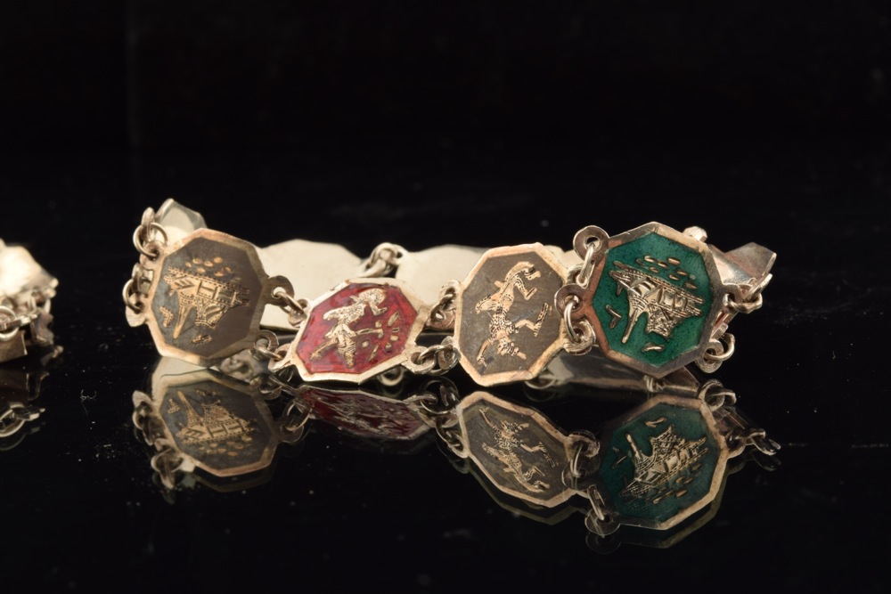 Pair of Antique Siam Enameled Sterling Bracelets