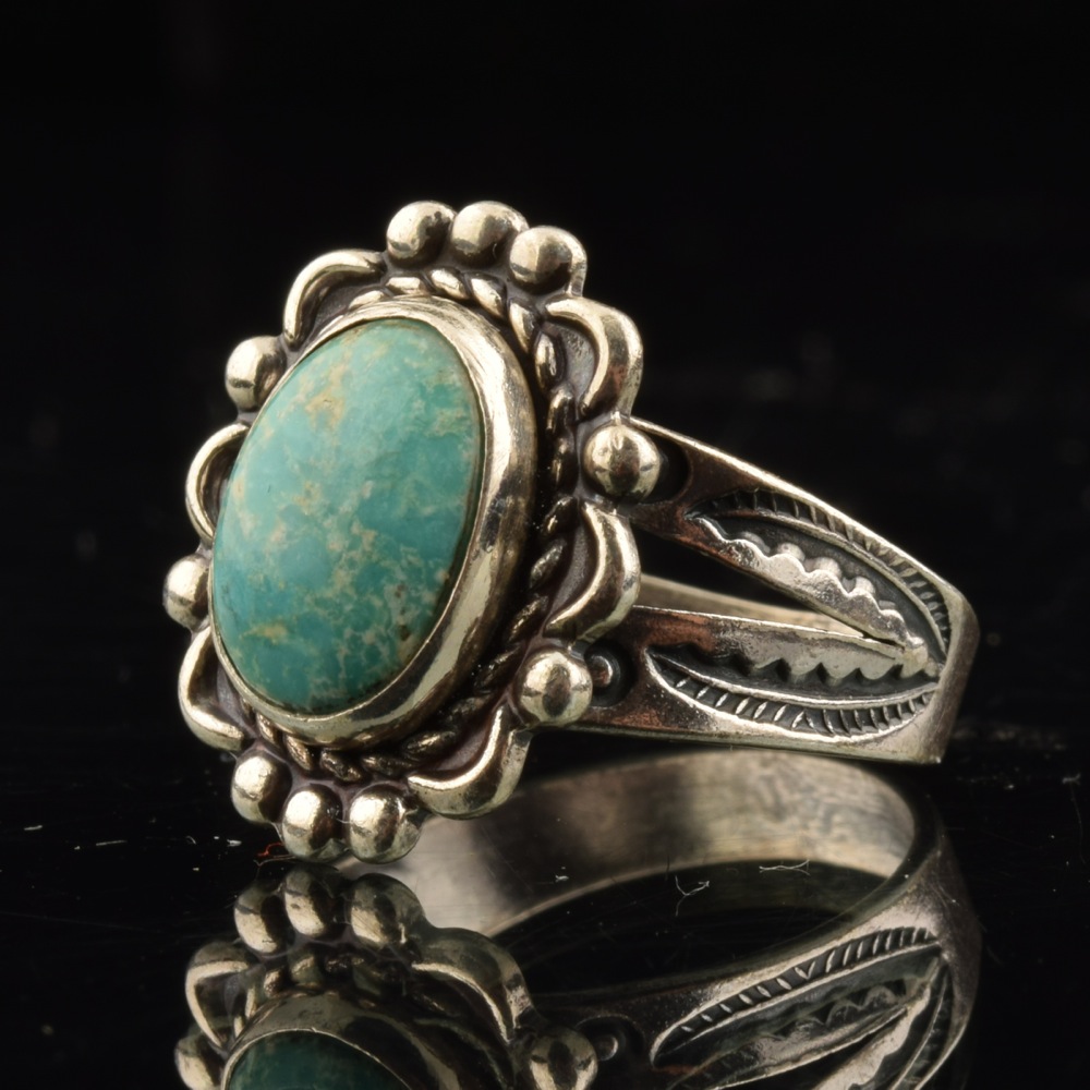 Navajo Style Turquoise Cabochon and Sterling Ring