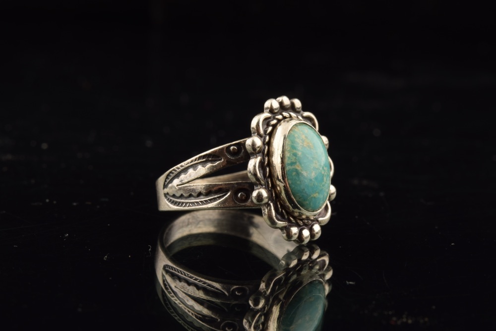 Navajo Style Turquoise Cabochon and Sterling Ring