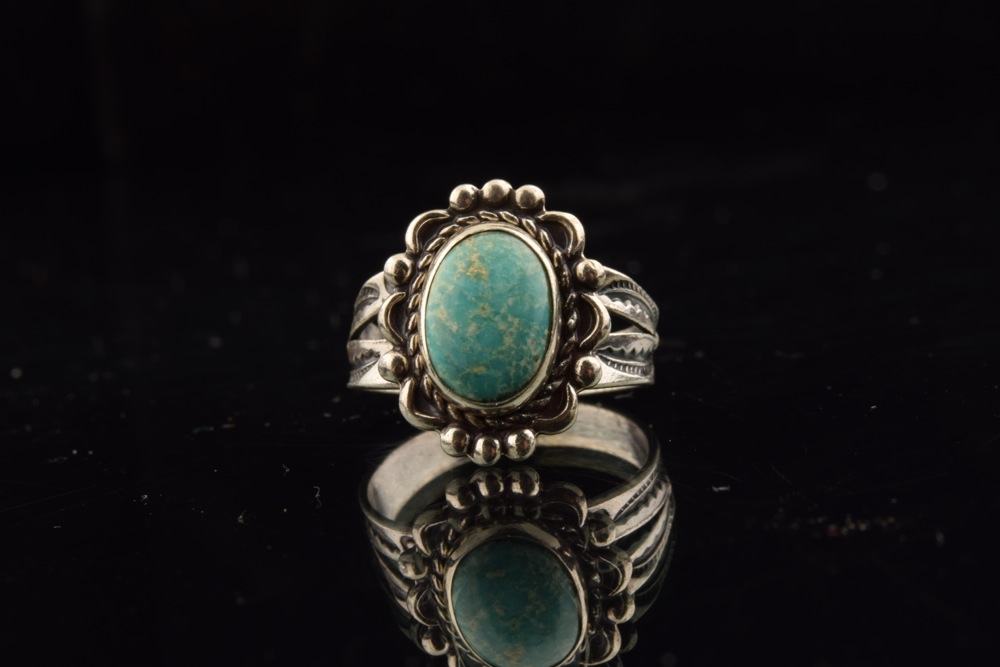 Navajo Style Turquoise Cabochon and Sterling Ring