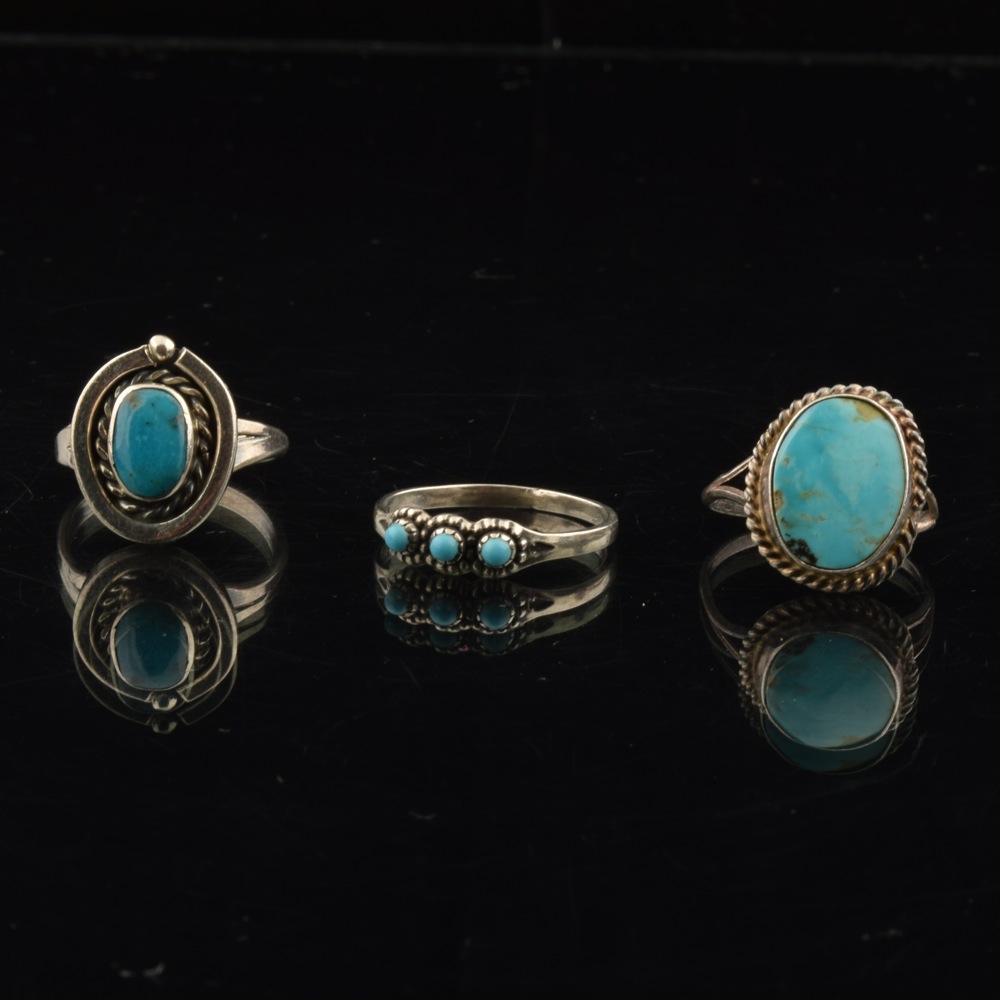 Trio of Sterling and Turquoise Navajo Style Rings